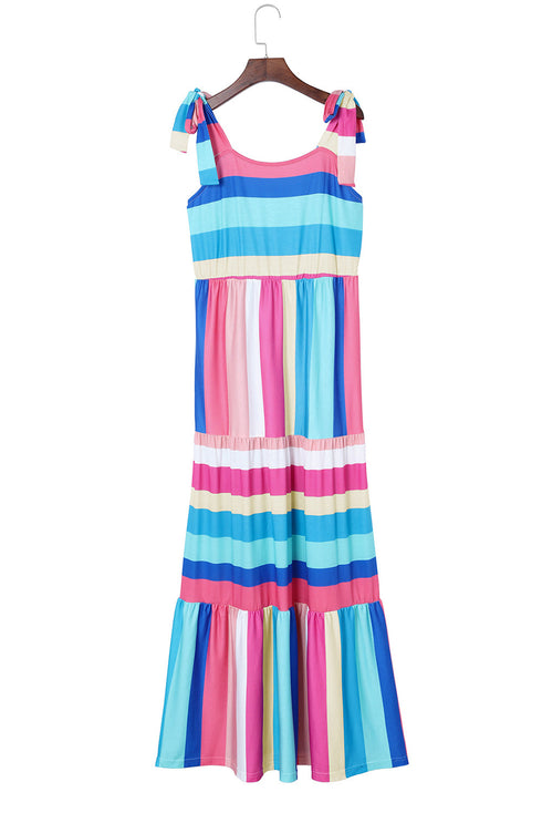 Color Block Striped Bow Knot Straps Maxi Dress
